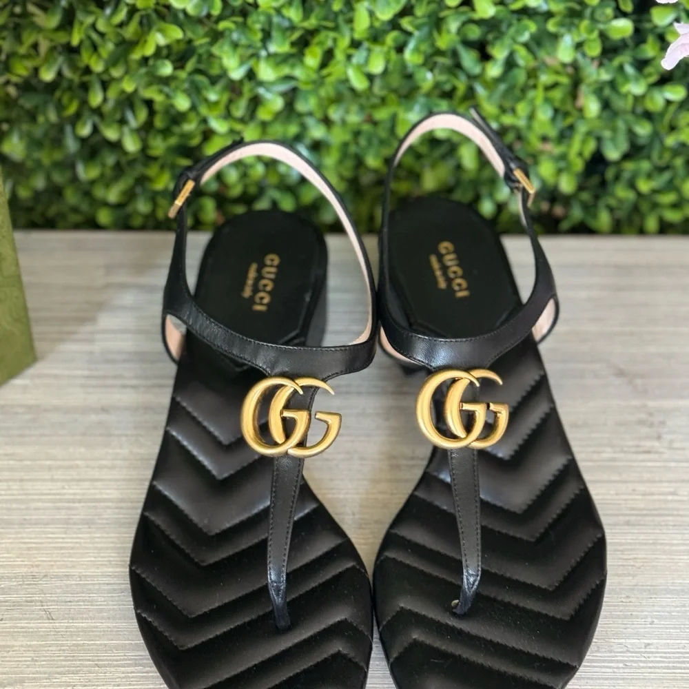 New Gucci Marmont Black Leather GG Sandals - Picture 3 of 9